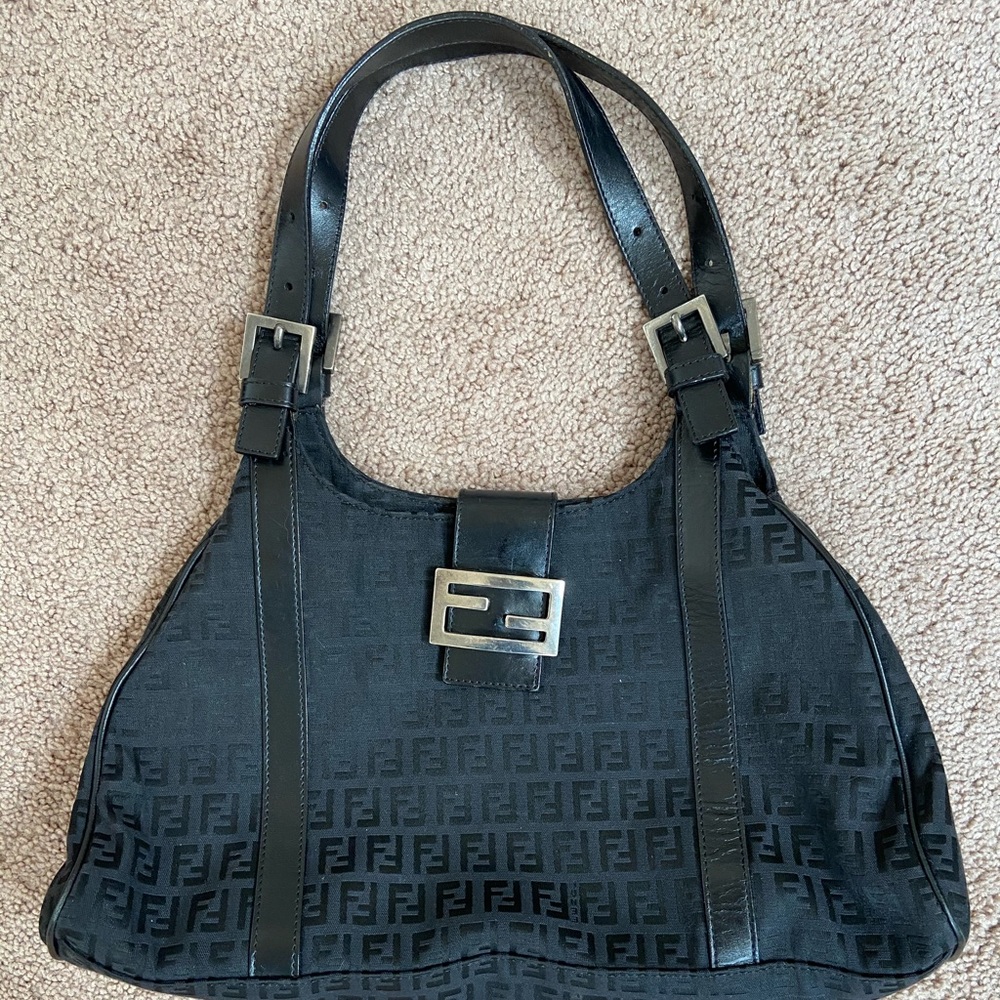 Authentic Vintage Black Fendi Print Hobo Bag